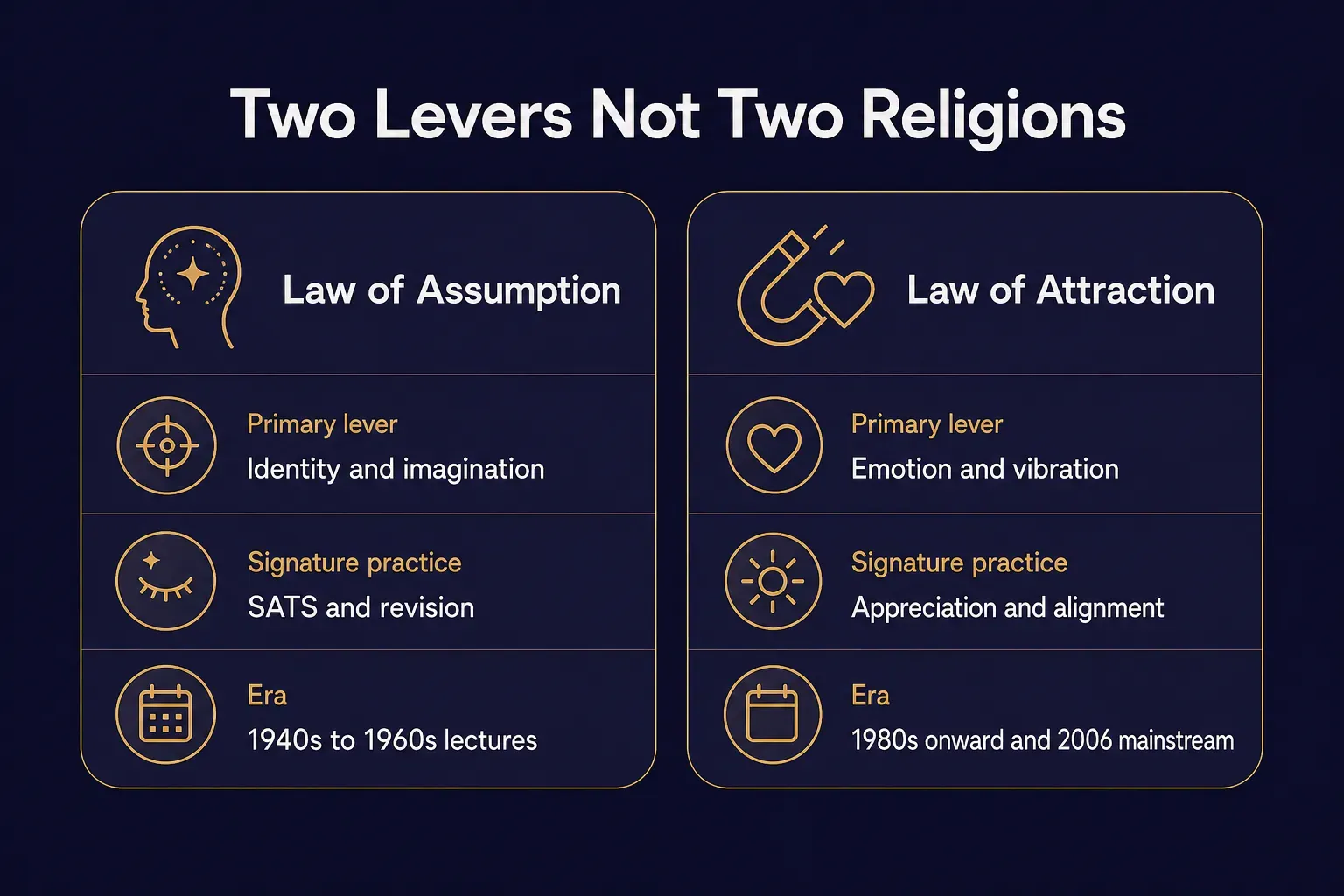 Comparison table, Two Levers Not Two Religions. Primary lever, Law of Assumption: Identity and imagination; Law of Attraction: Emotion and vibration. Signature practice, Law of Assumption: SATS and revision; Law of Attraction: Appreciation and alignment. Era, Law of Assumption: 1940s to 1960s lectures; Law of Attraction: 1980s onward and 2006 mainstream