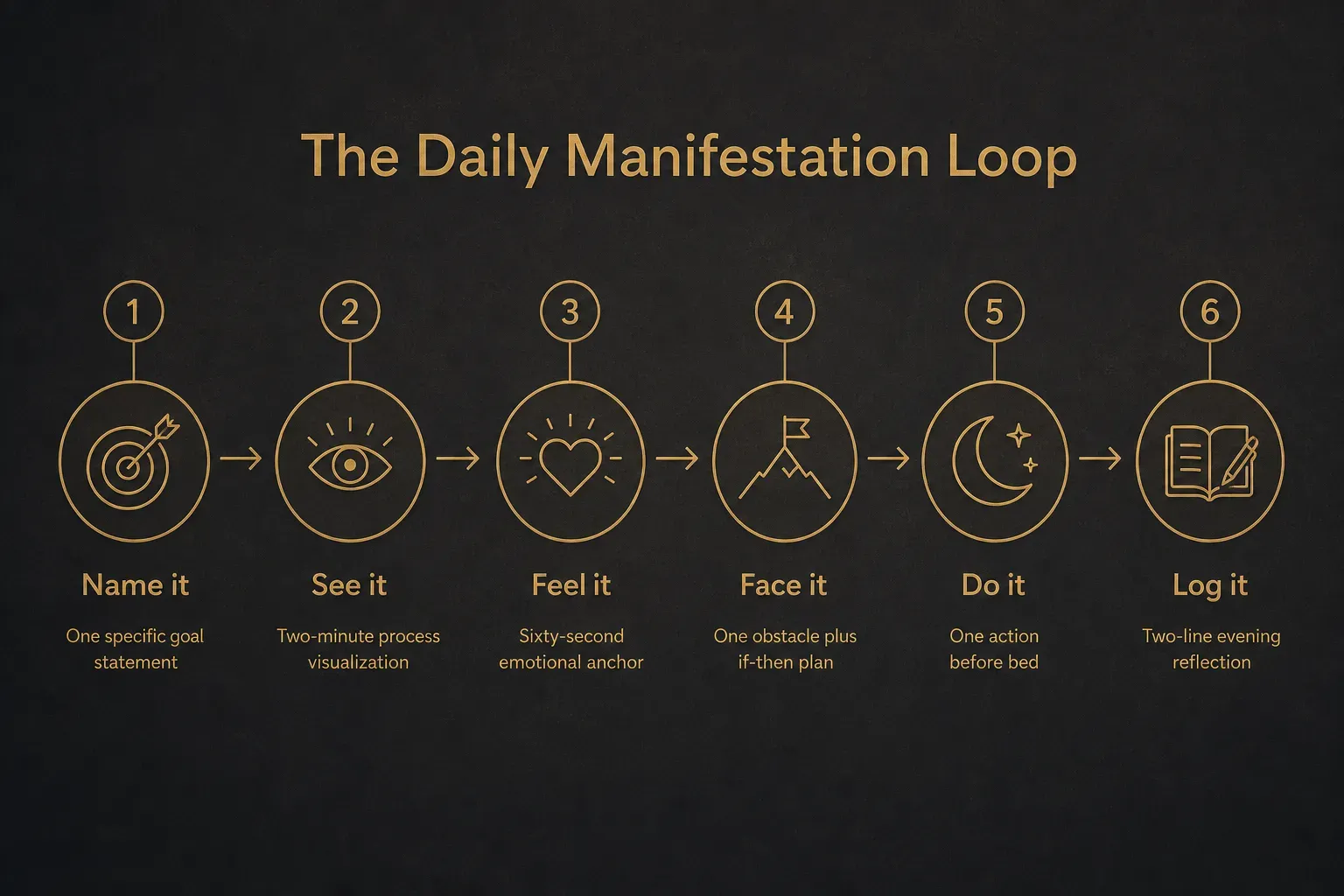 Step-by-step diagram, The Daily Manifestation Loop. 1. Name it, One specific goal statement; 2. See it, Two-minute…